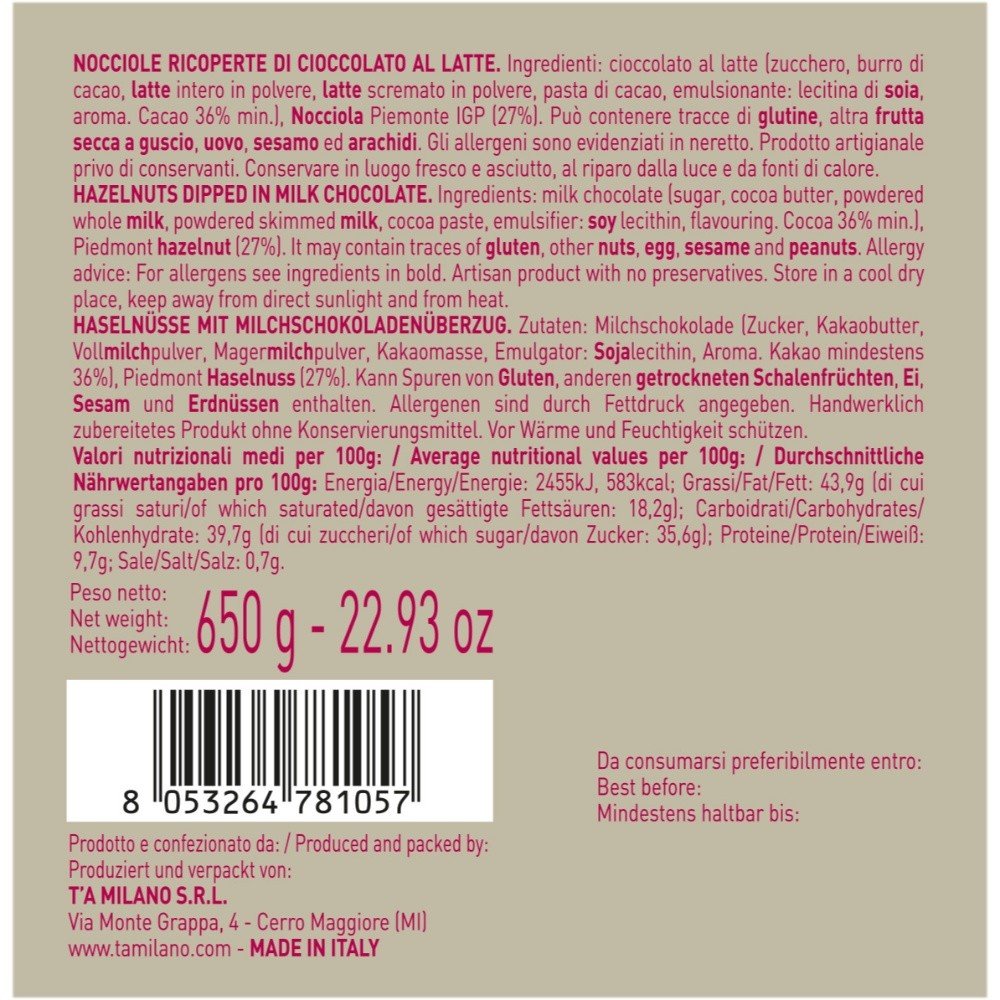 T'a Milano Maxi Nocciola Igp del Piemonte rivestita di cioccolato al latte 36% (650 g)