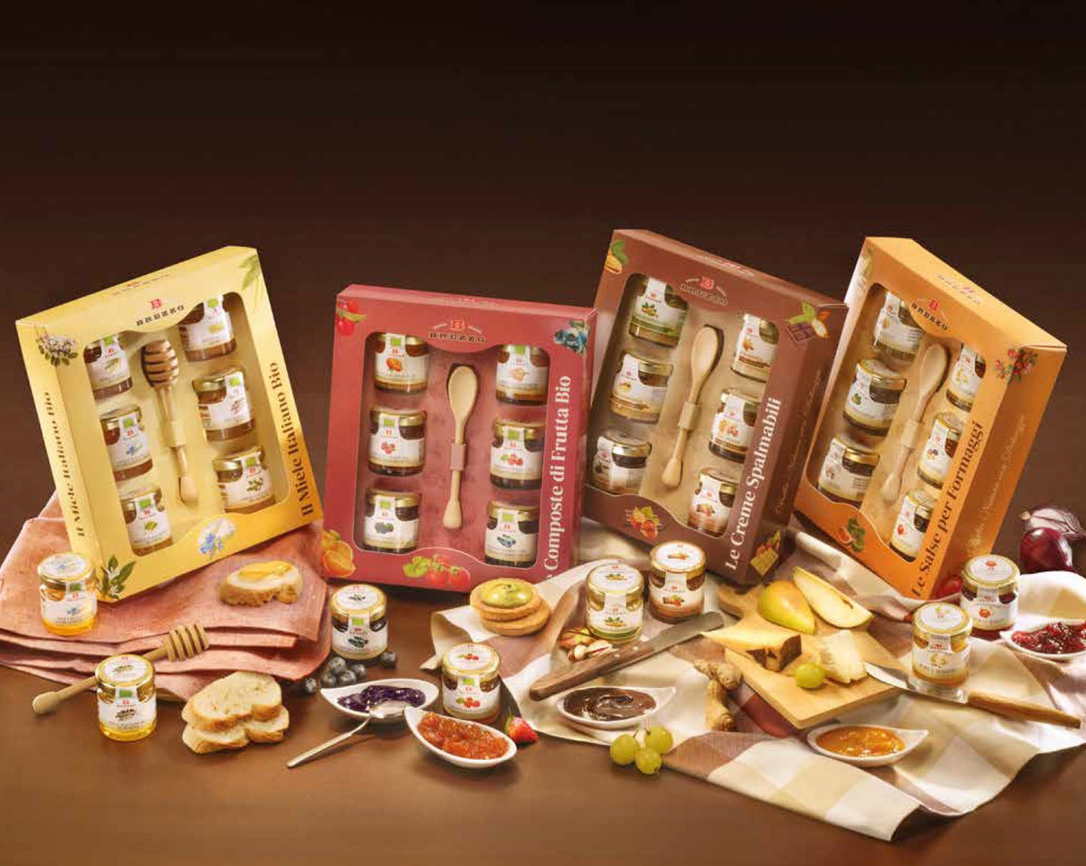 Brezzo Composte Biologiche Selezione di 6 Composte di Frutta in Cofanetto Regalo con cucchiaio in legno - 6x40gr