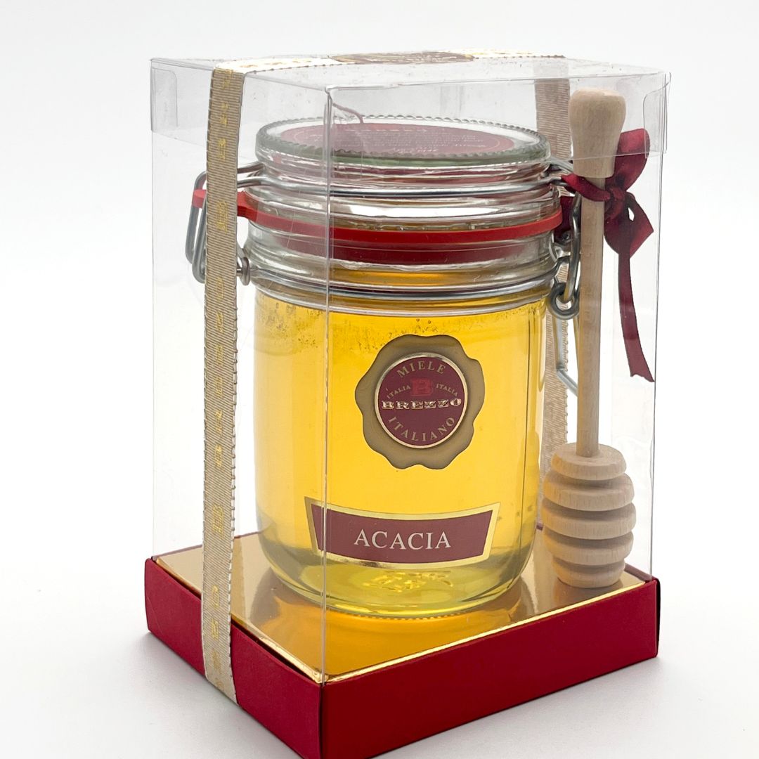 Brezzo Confezione regalo Miele Italiano di Acacia 400gr con Spargimiele in Legno