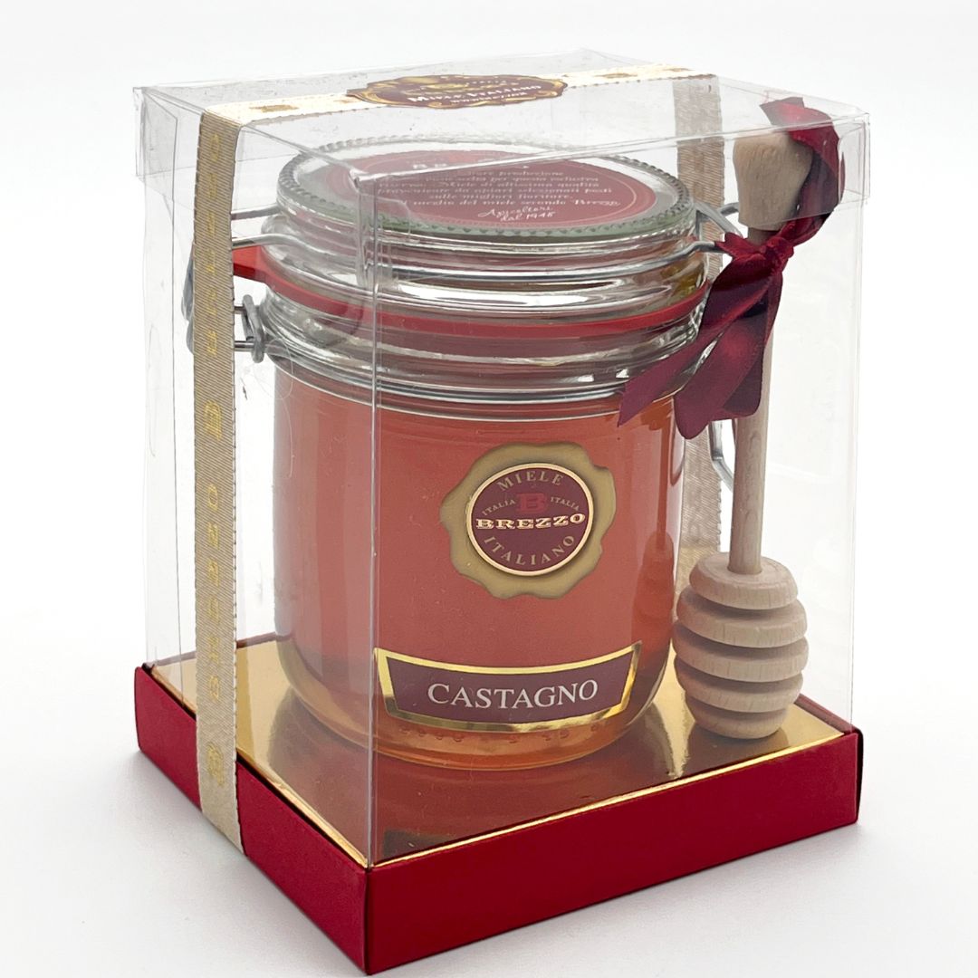 Brezzo Confezione regalo Miele Italiano di Castagno 400gr con Spargimiele in Legno