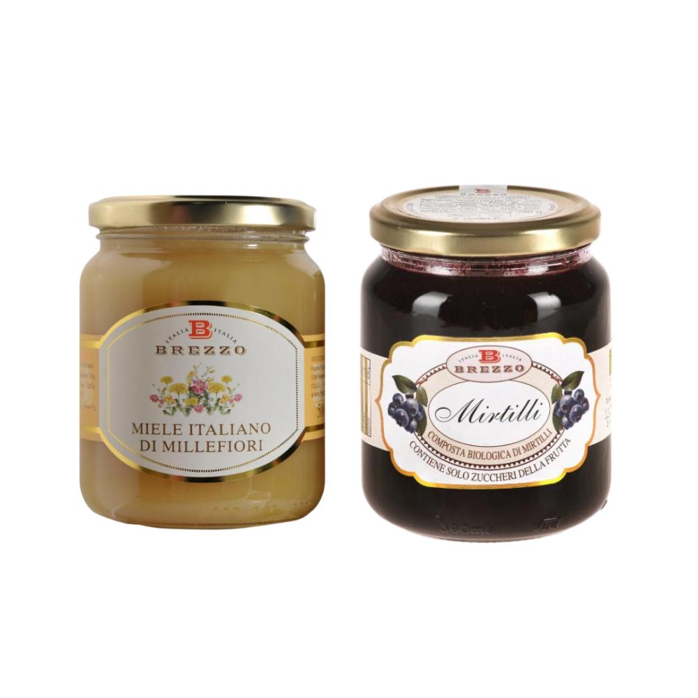 Brezzo Kit Degustazione Miele di Millefiori 500g e Composta di Frutta Bio Mirtilli 390g
