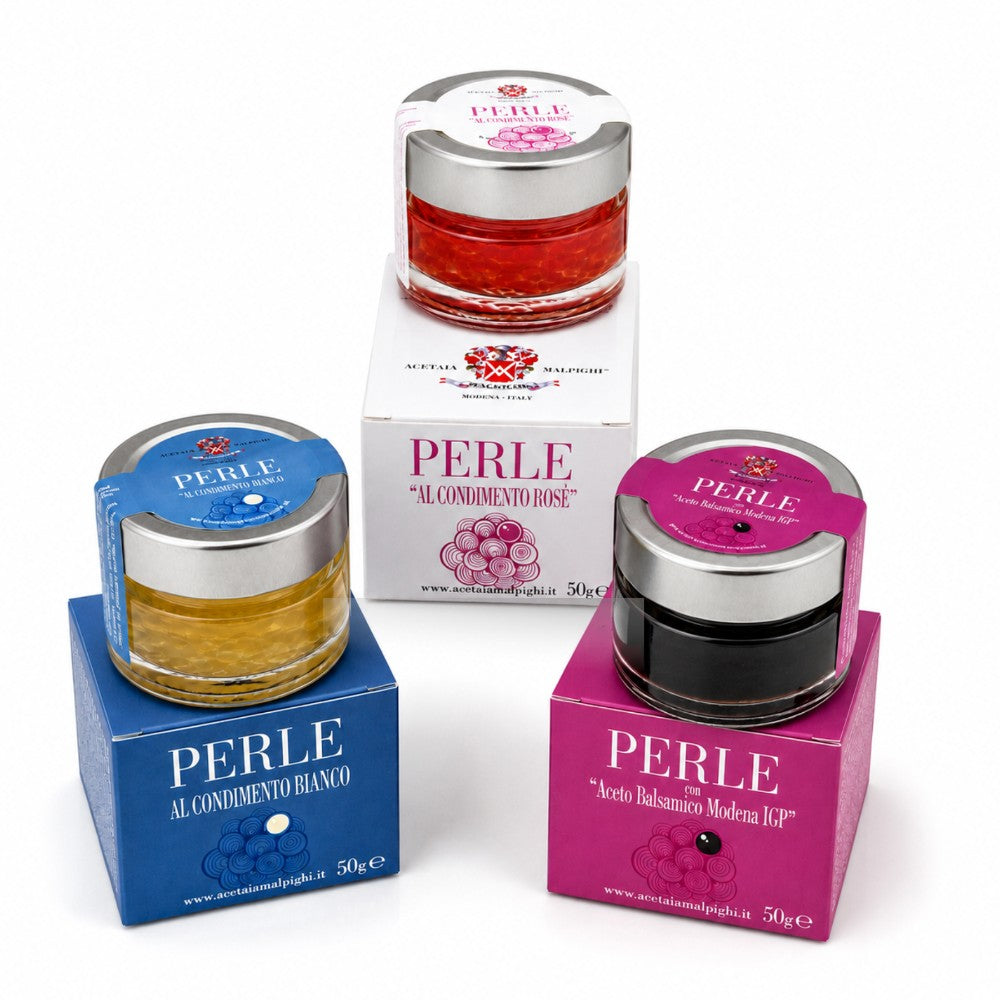 Acetaia Malpighi Tris di Perle Gourmet – Perle all' Aceto Balsamico di Modena IGP, Condimento Bianco,  e Rosé
