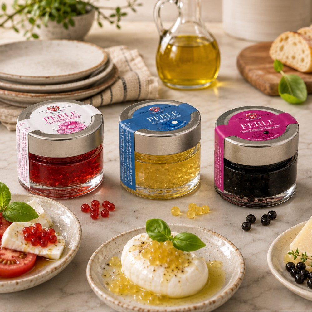 Acetaia Malpighi Tris di Perle Gourmet – Perle all' Aceto Balsamico di Modena IGP, Condimento Bianco,  e Rosé