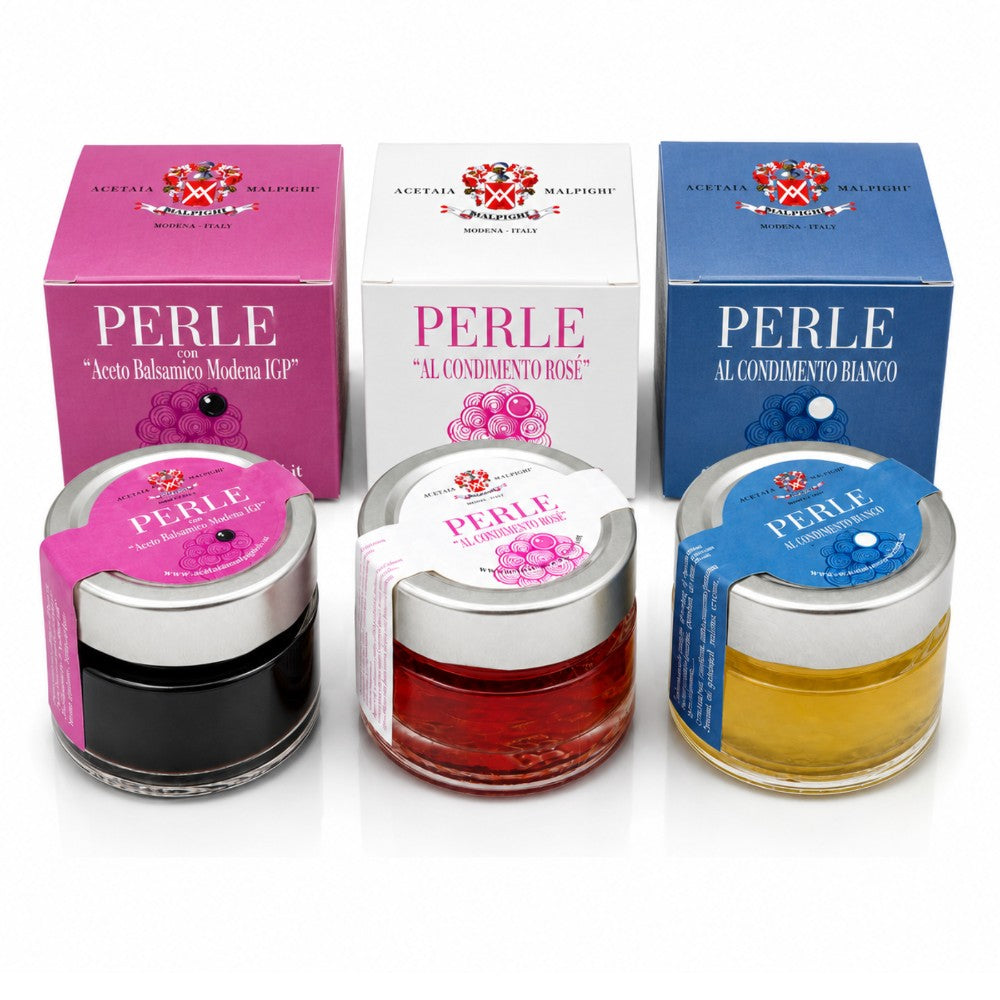 Acetaia Malpighi Tris di Perle Gourmet – Perle all' Aceto Balsamico di Modena IGP, Condimento Bianco,  e Rosé