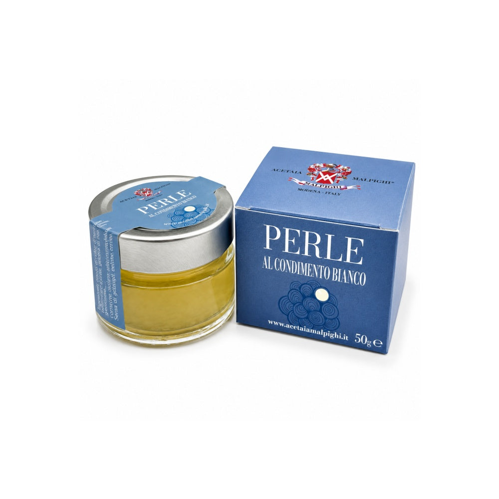 Acetaia Malpighi Perle al Condimento Bianco 50 g – Perle Agrodolci con Cuore Liquido, da Uve Trebbiano Modenese