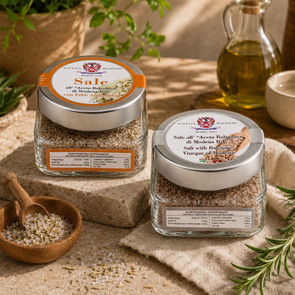 Acetaia Malpighi Selezione Sali Gourmet – Sale all’Aceto Balsamico di Modena IGP e Sale alle Erbe Aromatiche