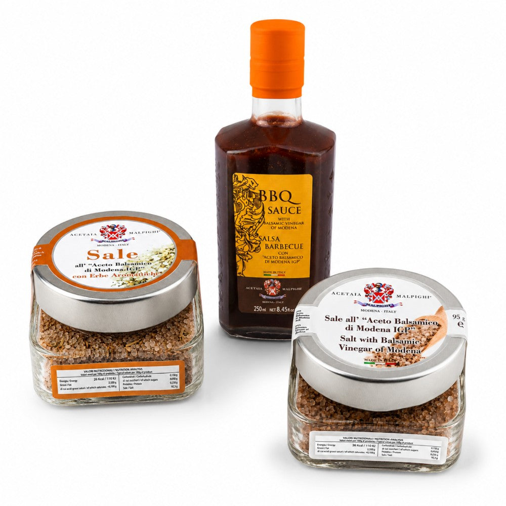 Acetaia Malpighi Kit Barbecue Gourmet – Salsa BBQ 250 ml, Sale al Balsamico 95 g e Sale alle Erbe 120 g
