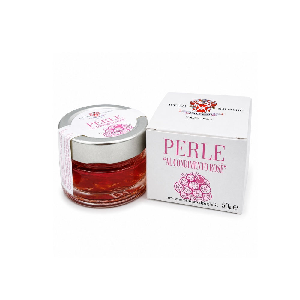 Acetaia Malpighi Perle Rosè 50 g – Perle Agrodolci con Cuore Liquido al Condimento Rosato, Mosto d’Uva Trebbiano Modenese, Uva Ancellotta ed Essenza di Rosa