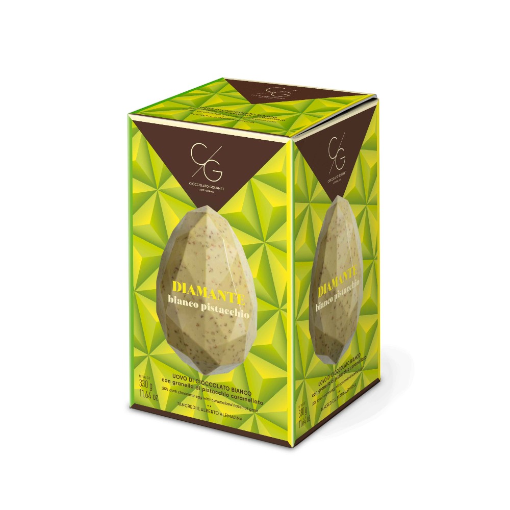 Cioccolato Gourmet Uovo  di Pasqua Diamante di Cioccolato bianco con Pistacchio caramellato