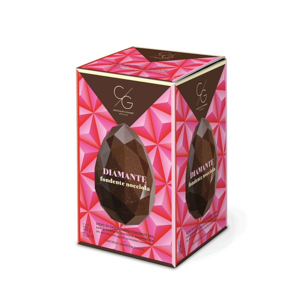 Cioccolato Gourmet Uovo Pasqua Diamante di Cioccolato Fondente con Nocciola caramellata