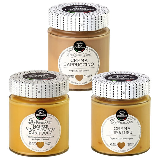 Cascina San Cassiano Tris di Creme e Mousse dolci, Tiramisù, Cappuccino, vino Moscato d’Asti D.O.C.G.