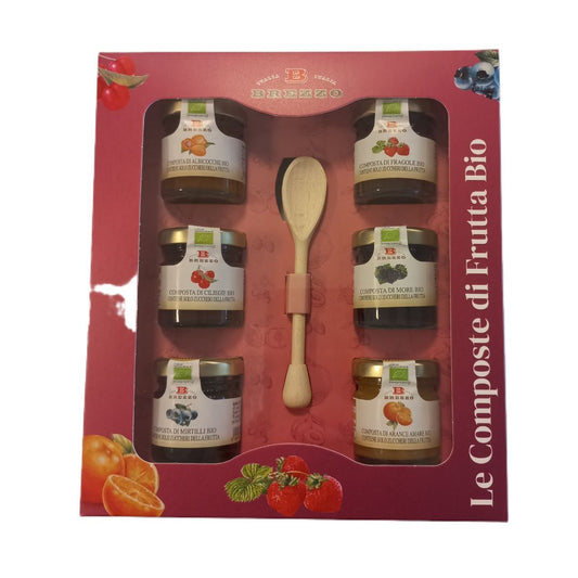 Brezzo Composte Biologiche Selezione di 6 Composte di Frutta in Cofanetto Regalo con cucchiaio in legno - 6x40gr