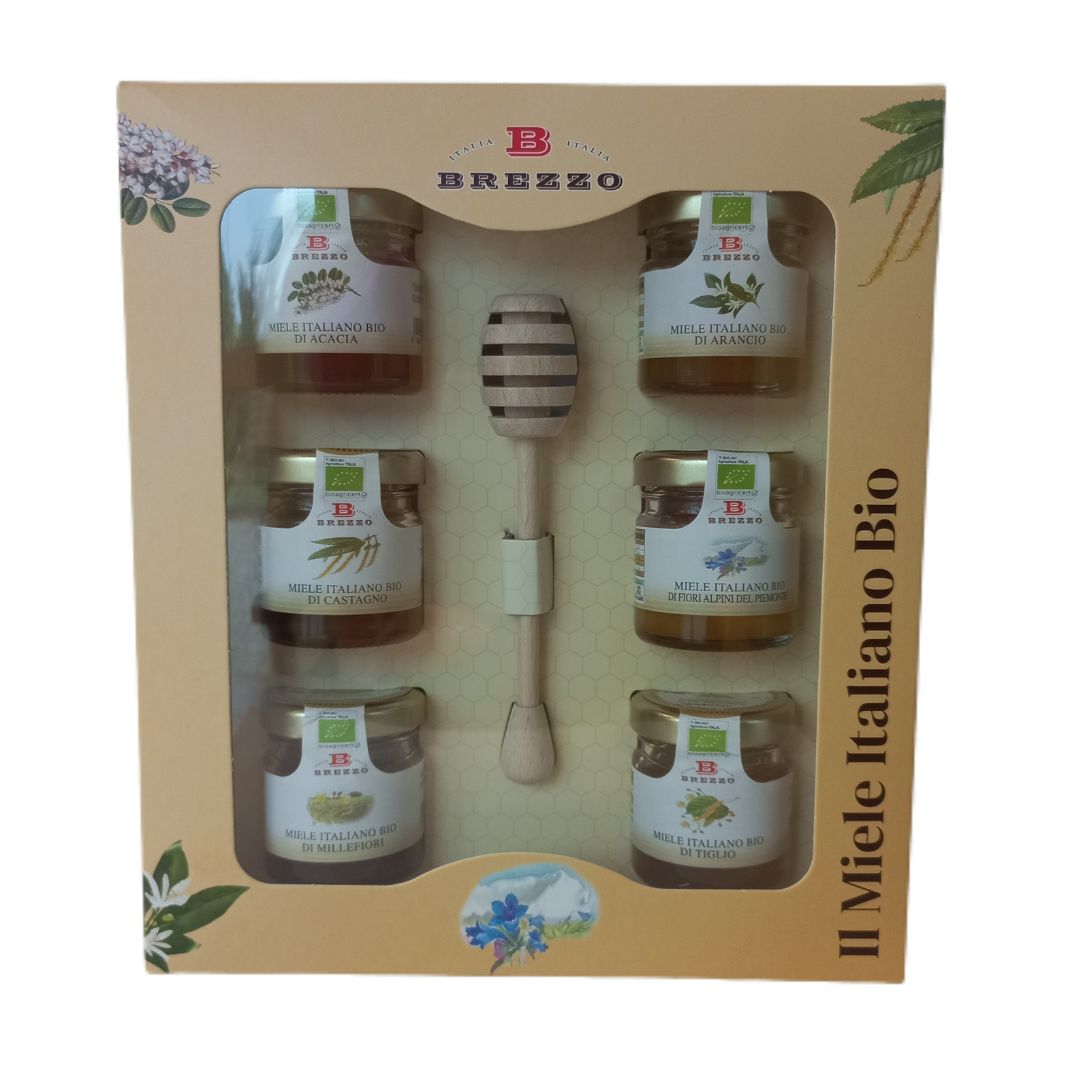 Brezzo Miele Biologico Selezione di 6 Tipologie di Miele in Cofanetto Regalo con Spargimiele in Legno 6x35gr