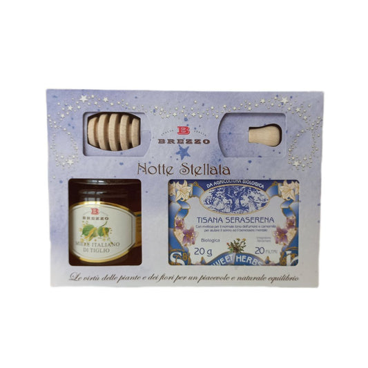 Brezzo Cofanetto Regalo - Notte Stellata – Miele di Tiglio 250gr, Tisana Bio Seraserena 20 filtri e Spargimiele in Legno