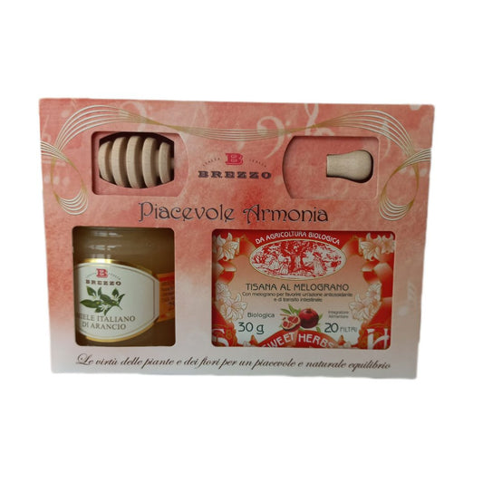 Brezzo Cofanetto Regalo - Piacevole Armonia – Miele di Arancio 250 gr, Tisana Bio al Melograno 20 filtri e Spargimiele in Legno