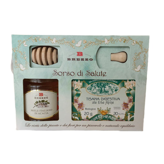 Brezzo Cofanetto Regalo - Sorso di Salute – Miele di Acacia 250 gr, Tisana Bio Digestiva 20 filtri e Spargimiele in Legno