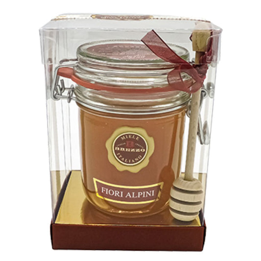 Brezzo Confezione regalo Miele Italiano di Fiori Alpini 400gr con Spargimiele in Legno