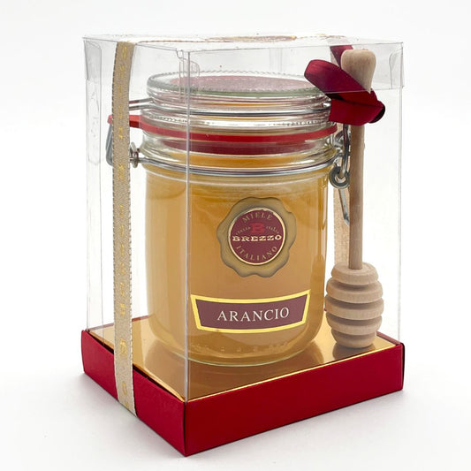 Brezzo Confezione regalo Miele Italiano di Arancio 400gr con Spargimiele in Legno